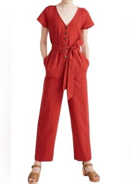Madewell Linen Cotton V-Neck Button Belt Waist Pleat Sleeve Crop Wide Leg Rust 4